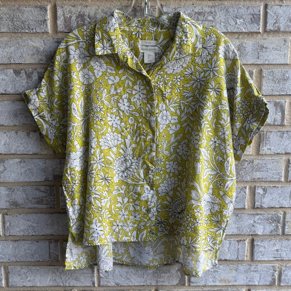 Rachel Ashwell 100% Linen Short Sleeve Button Up Collared Floral Shirt Size S